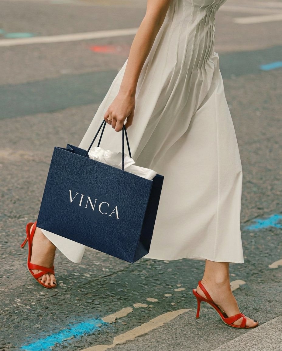 A woman crossing a street carrying a navy VINCA shopping bag